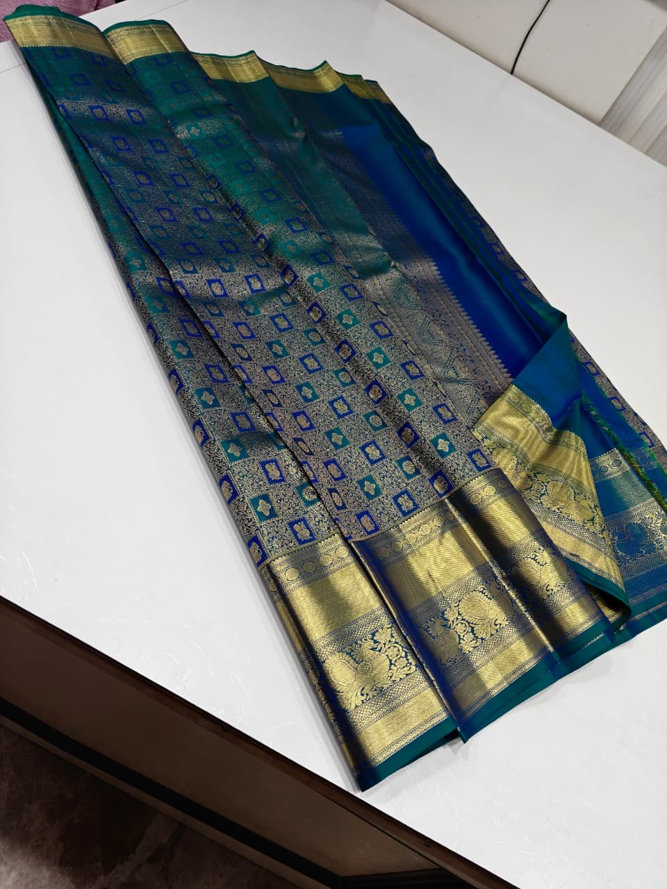 Classic Teal Green Silk Saree with Royal Blue Contrast Border